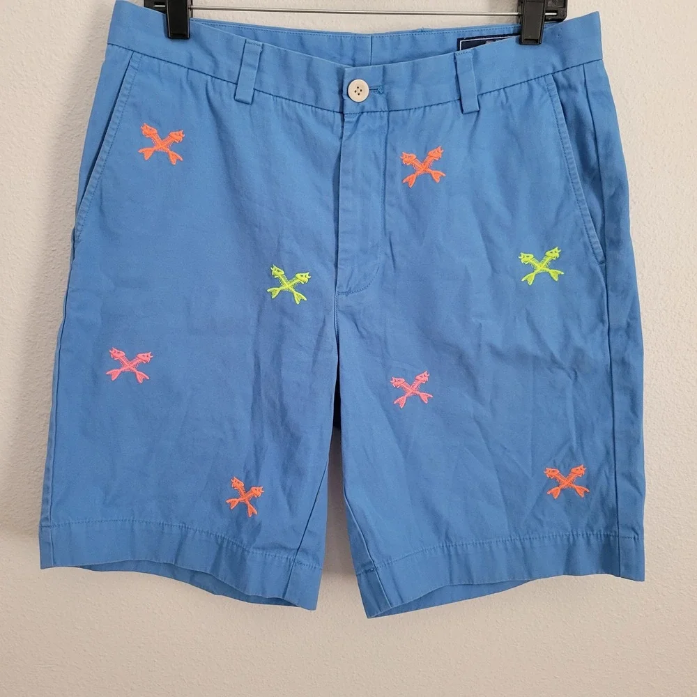 Vineyard Vines Mens 32 Blue Embroidered Fish Skeleton Chino Shorts Cotton
